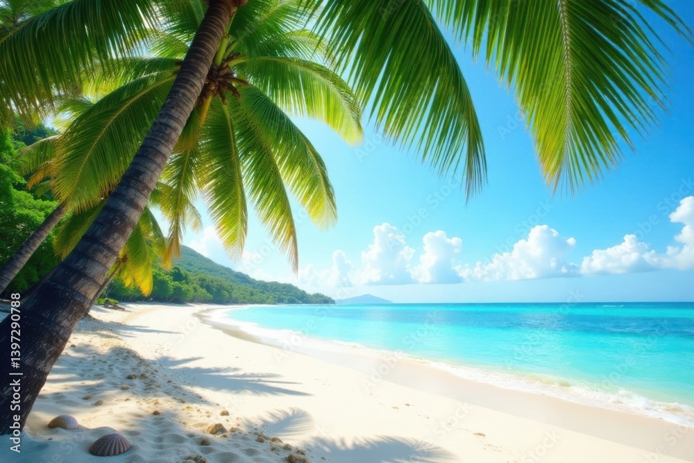 Fototapeta premium Palm trees sway gently on the sandy beach with a few scattered seashells and pebbles, waves, pebbles