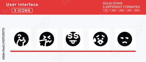 Set of 5 solid user interface icons,face, smiling, hands, smirking, sunglasses, swear, thermometer