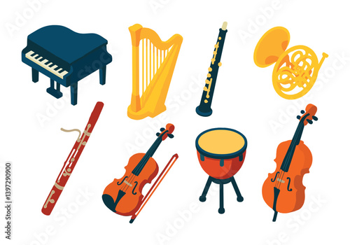 Orchestral instruments icon set: diverse music icons in flat style for creative projects