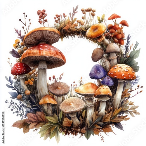 Watercolor Wreath of Edible Mushrooms and Leaves