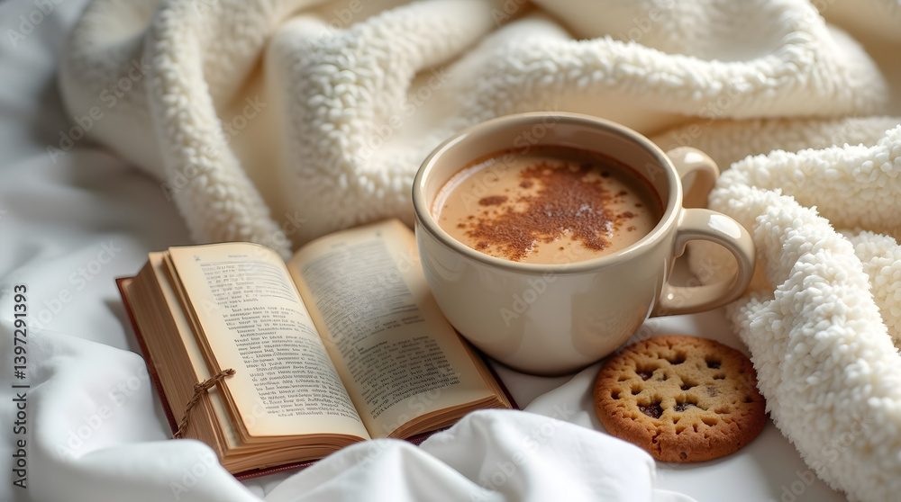 Flat lay of cozy coffee morning with cappuccino, book, cookies, and blanket on bed Flat lay of cozy coffee morning with cappuccino, book, cookies, and blanket on bed