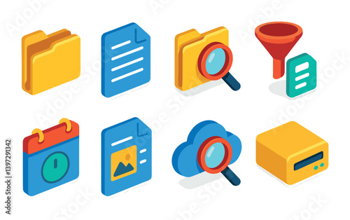 Colorful isometric data management icons set for digital projects
