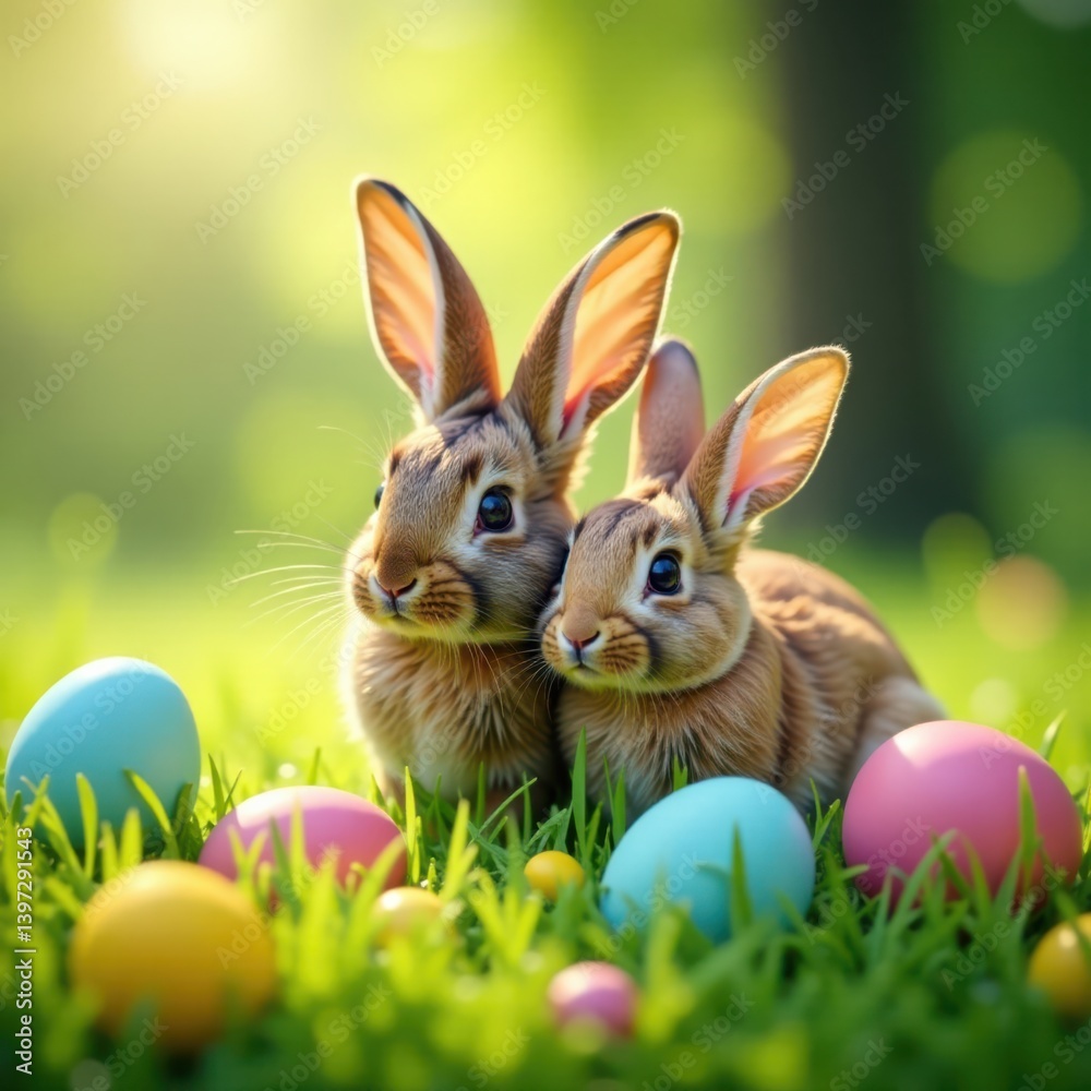 Fototapeta premium Pair of bunny ears in a lush meadow surrounded by vibrant eggs and greenery, lush meadow, eggs