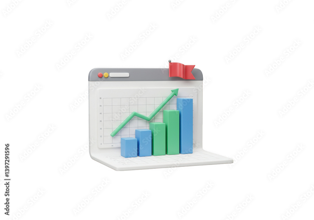 Graph with bars and arrow showing growth inside a window frame Graph with bars and arrow showing growth inside a window frame