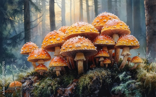 Watercolor Mushrooms Botanical Illustration in Forest with Earthy Tones Natural Details