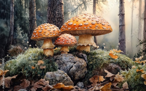Watercolor Mushrooms Botanical Illustration Eco Friendly Clipart Wild Edible Mushrooms in Forest