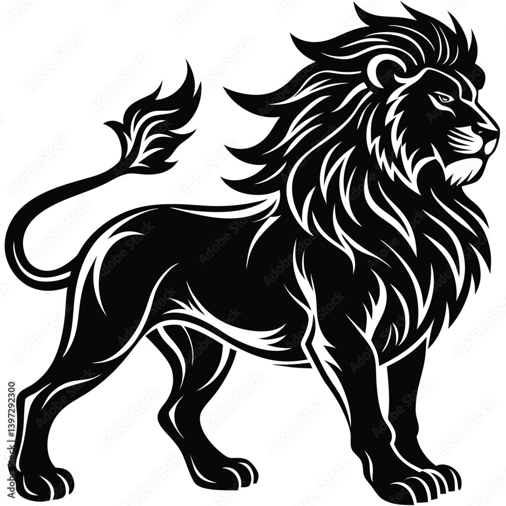 Majestic Black Silhouette of Lion, Bold Mane, Stance Pose, Feline, Wildcat, Style Majestic Black Silhouette of Lion, Bold Mane, Stance Pose, Feline, Wildcat, Style