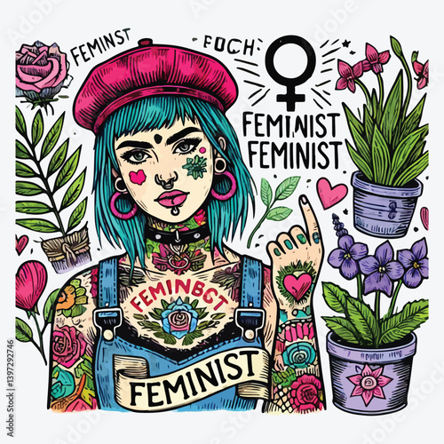 Tattooed punk girl with feminist slogan and plants.