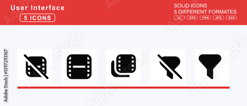 Set of 5 solid user interface icons,file, spreadsheet, upload, user, video, word