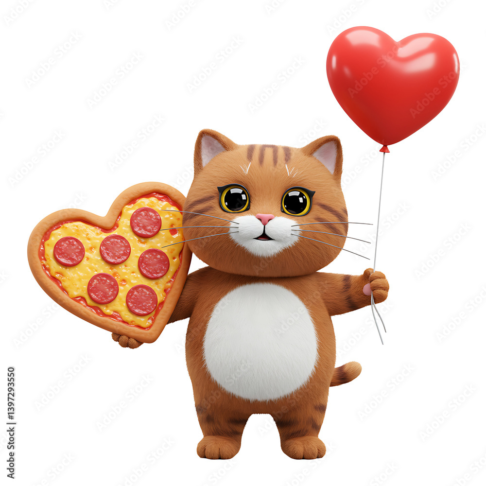 Fototapeta premium Cute Orange Cartoon Cat Holding Heart Shaped Pizza and Balloon