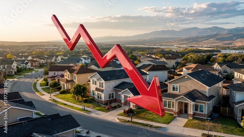 Descending red arrow overlaying suburban housing development, signaling real estate market downturn and property value reduction.