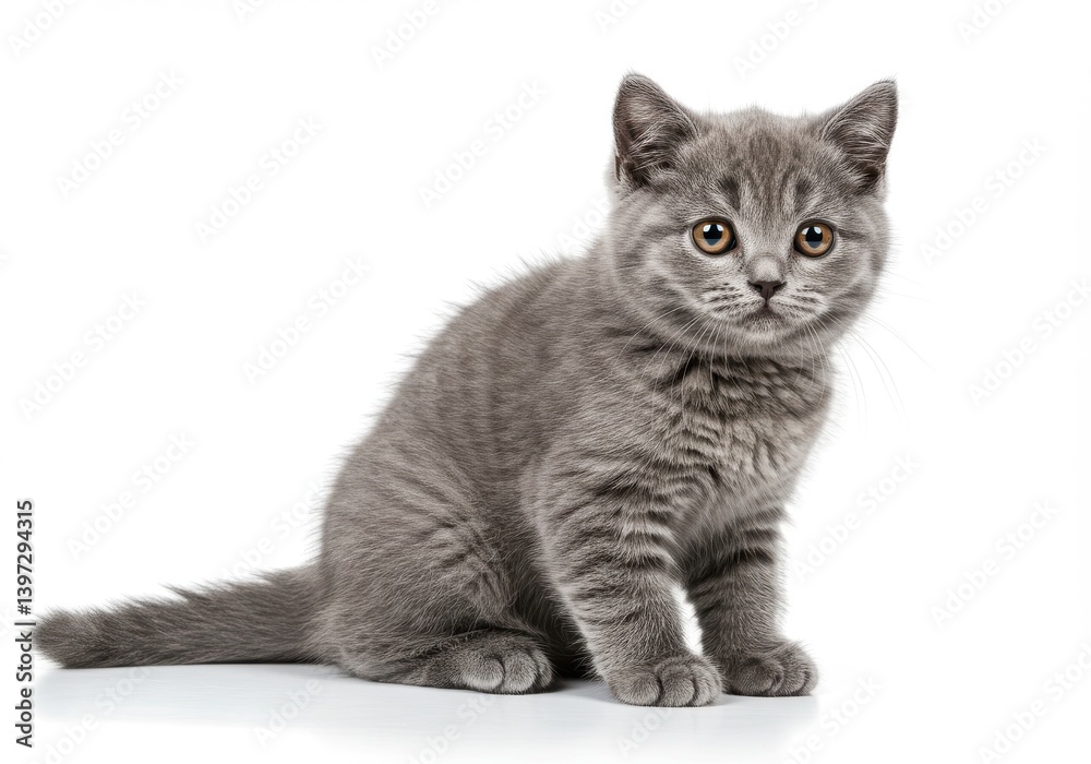 Adorable gray kitten with big eyes sitting on white background looking curiously toward camera Adorable gray kitten with big eyes sitting on white background looking curiously toward camera