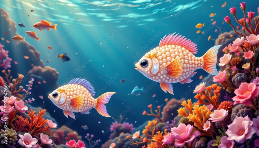 Fototapeta premium Whimsical Pearl Fish Playful fish with pearly scales swimming in a vibrant coral reef, blending nature with elegance.