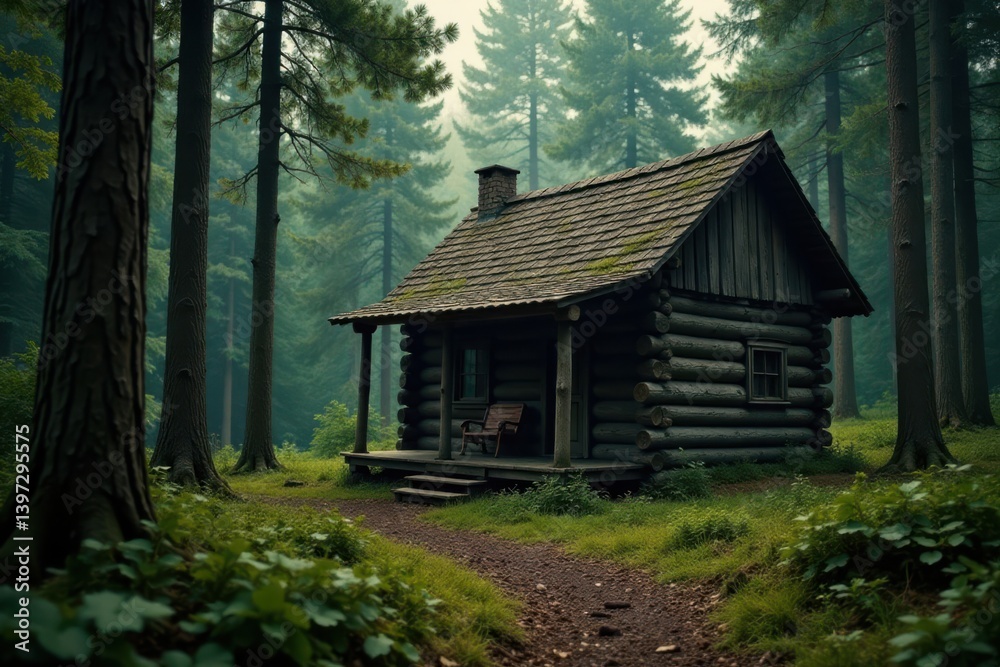 Old wooden cabin in the heart of dense forest with a dark wood background, natural, forest Old wooden cabin in the heart of dense forest with a dark wood background, natural, forest