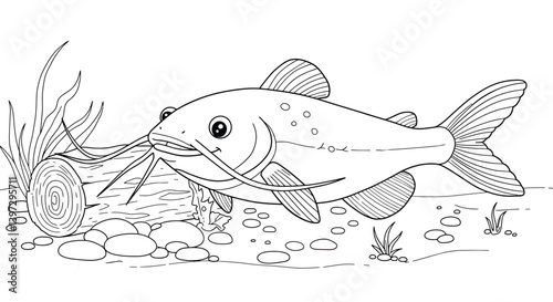 Friendly River Catfish Sporting Long Barbels Smiles Near Log Pebbles and Underwater Plants Habitat View