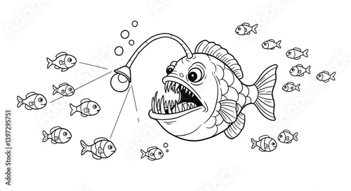 Smiling Anglerfish with Glowing Lure Attracts Curious Small Fish in Deep Sea Comical Underwater Scene