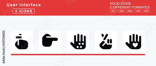 Set of 5 solid user interface icons,hammer, crash, war, hand, back, fist