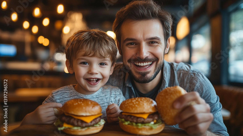 Father and son enjoy burgers at a cozy restaurant