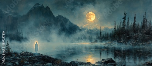 Misty Mountain Lake Scene with Figure at Night photo