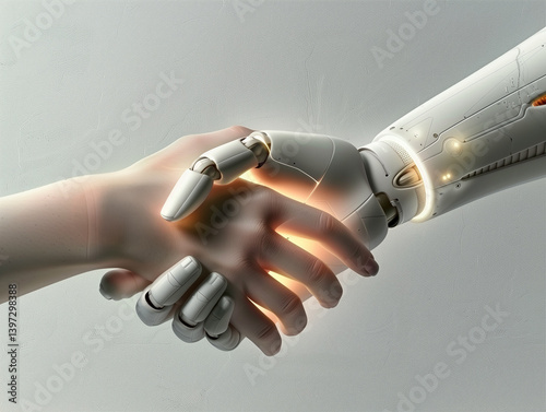 A realistic robotic hand shaking hands with a human hand.