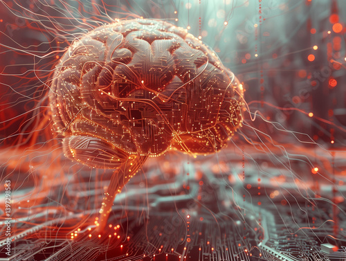 A glowing digital brain made of microchips and circuitry, floating in a dark space.