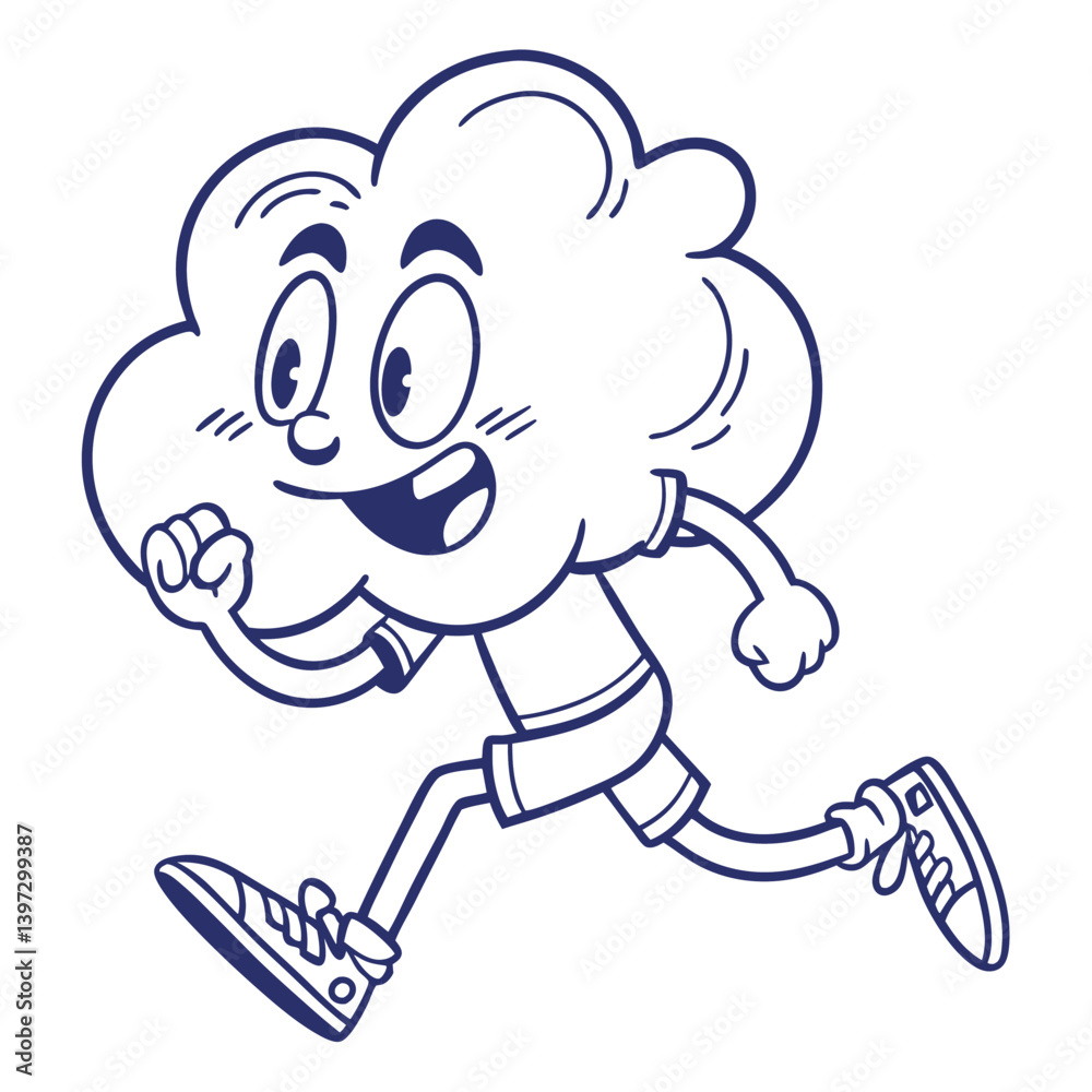 Outline Cartoon Cloud Character Running with Shoes On, Happy Expression, Isolated On White Outline Cartoon Cloud Character Running with Shoes On, Happy Expression, Isolated On White