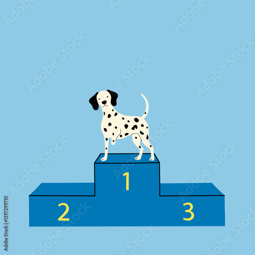 Three-legged dalmatian dog on winner podium. Flat vector illustration of dog show champion
