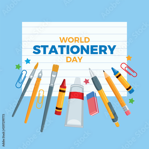 World Stationery Day poster vector illustration. Art supplies and creative tools icon set. Accessories for artists vector. Template for background, banner, card. Important day