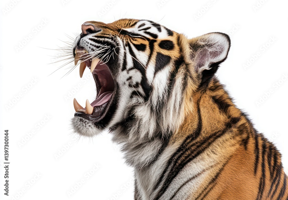 Fototapeta premium Majestic Tiger Roaring with Open Mouth Showcasing Powerful Jaw and Sharp Teeth on White Background