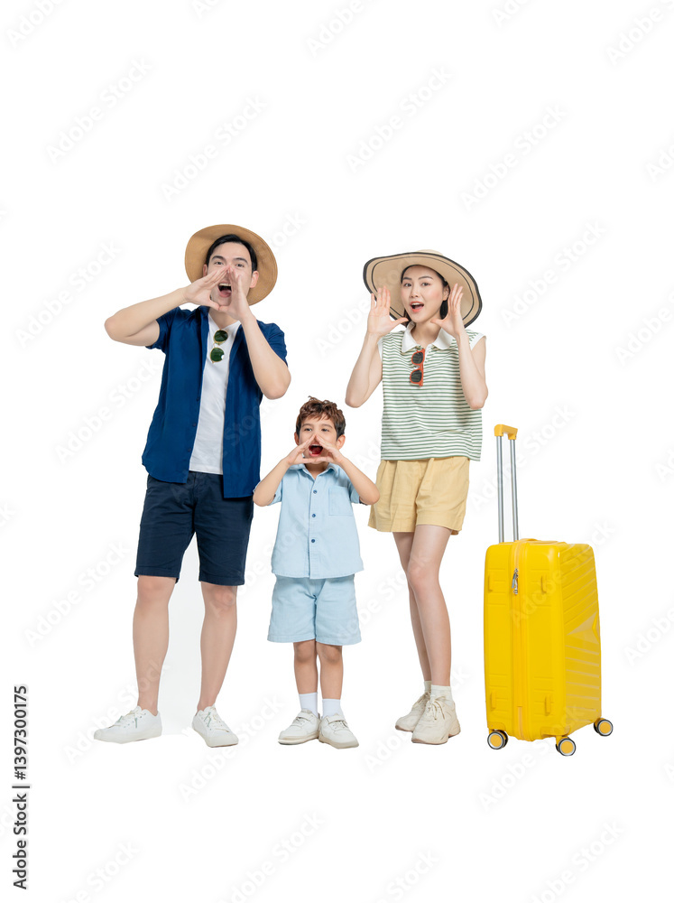 Full body photo of Asian family wearing travel clothes, travel suitcase posing, background removed
Full body photo of Asian family wearing travel clothes, travel suitcase posing, background removed