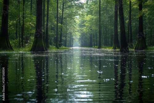 Flooded forest path reflecting green canopy