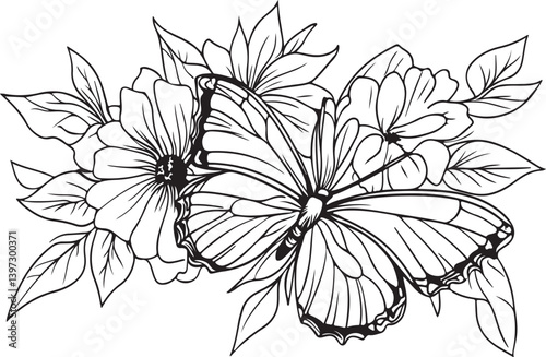 Black and white butterfly with flower