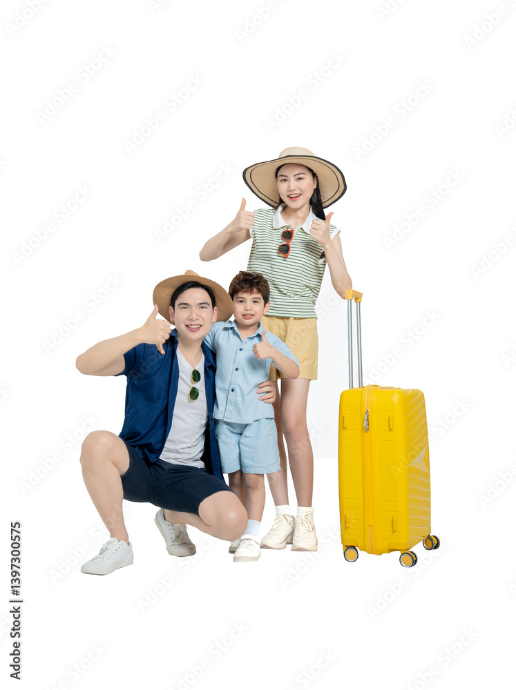 Full body photo of Asian family wearing travel clothes, travel suitcase posing, background removed
Full body photo of Asian family wearing travel clothes, travel suitcase posing, background removed