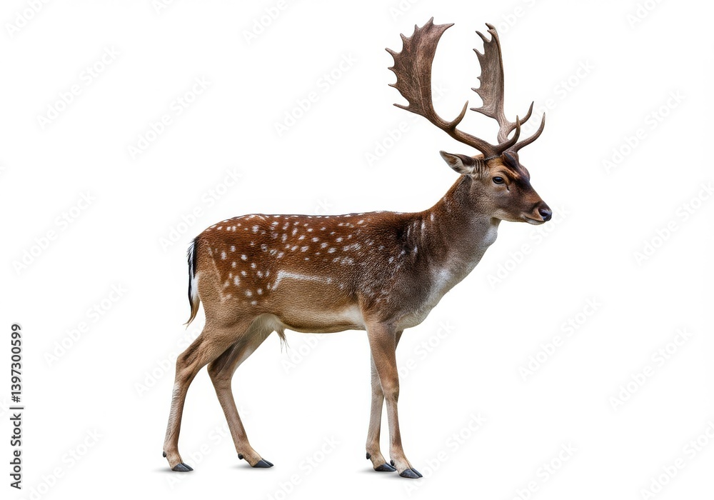 Spotted fallow deer standing gracefully on a white isolated background with majestic antlers visible Spotted fallow deer standing gracefully on a white isolated background with majestic antlers visible