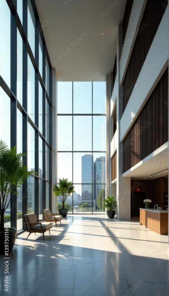 Obraz premium Modern high-rise condo building lobby with sleek architecture and large windows, modern architecture, high-rise condo