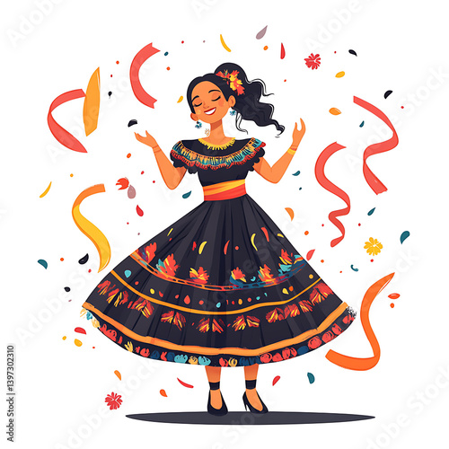 Mexican Woman Dancing in Folkloric Dress Illustration