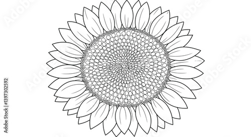 Sunflower head coloring page outline emphasizing the clearly defined geometric seed patterns in the center
