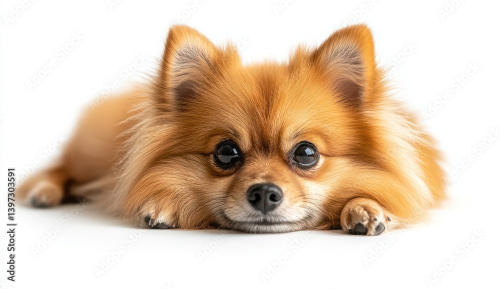 Cute Pomeranian Dog with Fluffy Fur Relaxing on White Background in Indoor Setting Cute Pomeranian Dog with Fluffy Fur Relaxing on White Background in Indoor Setting
