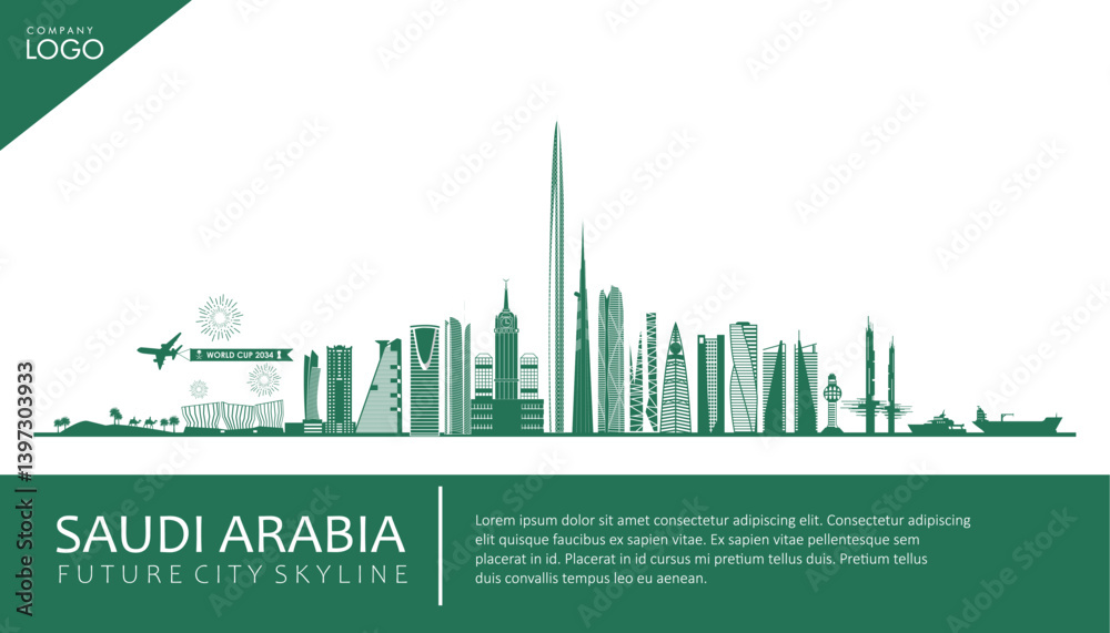 Fototapeta premium Saudi Arabia future city skyline with iconic skyscrapers and mega structure development project. Best for Saudi Vision 2030, World Cup 2034, events, travel, tourism or economic development themes.