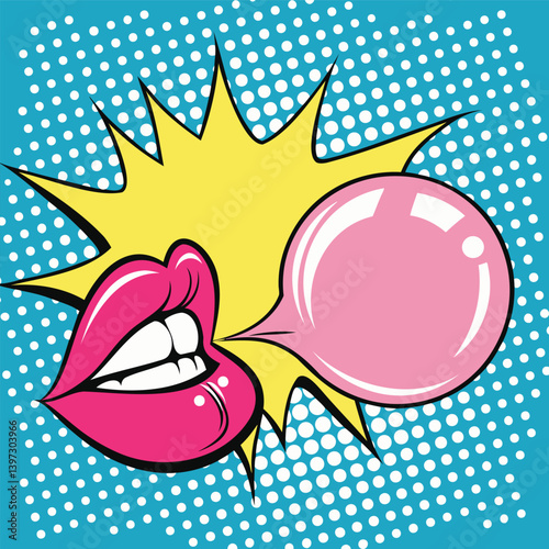Pop Art Lips Blowing Bubble Gum