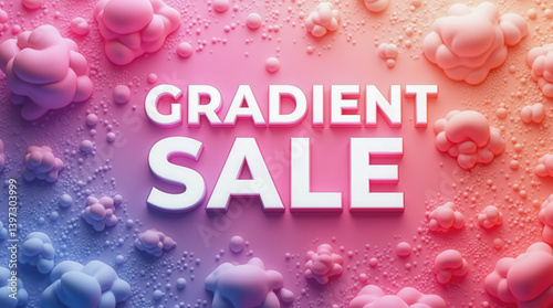 A bold sale announcement featuring the word SALE in large letters against a vibrant gradient background. Soft, puffy shapes surround the text, creating a playful and inviting atmosphere