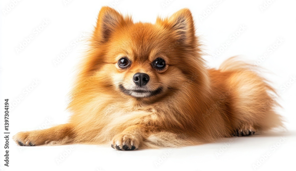 Charming Pomeranian Dog Laying Relaxed With Soft Fur and Bright Eyes on White Background Charming Pomeranian Dog Laying Relaxed With Soft Fur and Bright Eyes on White Background