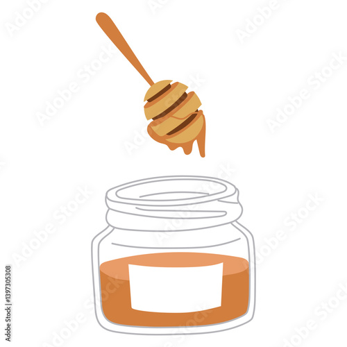 Honey in a glass jar and a wooden spoon. Honey drips into the jar from a spoon. A sweet dish for a tea party. Homemade honey. Handmade work. Flat vector illustration of food, highlighted on a white