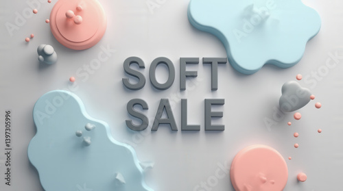 Bright pastel shapes surround the bold text promoting a soft sale event. The design blends creativity with marketing, appealing to consumers and highlighting products