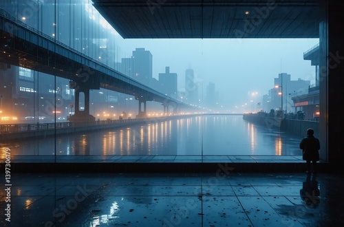 A solitary figure sits observing a misty cityscape at dawn.  Reflective water, city lights, and an elevated roadway frame the scene viewed through a large window.  The overall mood is serene and conte