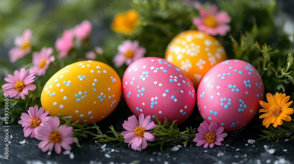 Colorful eggs nestled in foliage with delicate pink and yellow flowers Colorful eggs nestled in foliage with delicate pink and yellow flowers