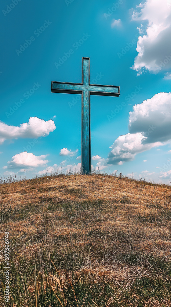 A large dark blue metal cross stands tall atop a grassy hill against a vibrant blue sky with fluffy white clouds providing a peaceful and serene religious backdrop. A large dark blue metal cross stands tall atop a grassy hill against a vibrant blue sky with fluffy white clouds providing a peaceful and serene religious backdrop.