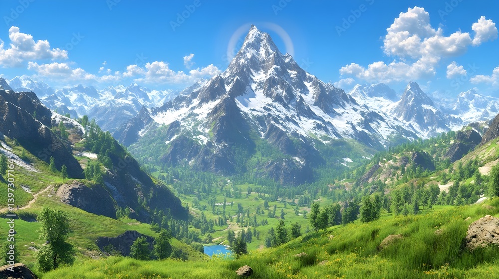 Obraz premium Majestic Mountain Landscape Under Clear Blue Sky with Echoing Sounds