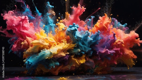 An explosion of vibrant colored powders and smoke captured against a black background.