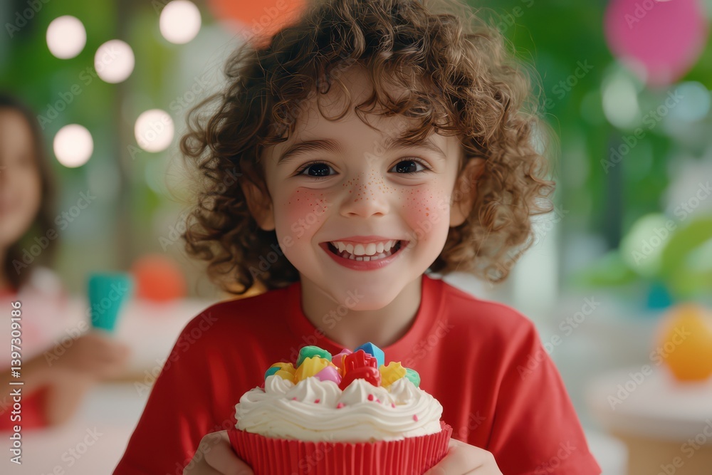 Happy child with cupcake at celebration party Happy child with cupcake at celebration party